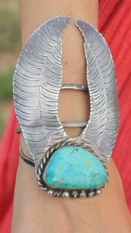 Signed Out of this WORLD Winged Navajo Turquoise and Silver Cuff