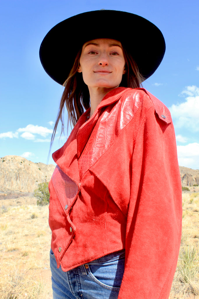 1980s Cherry Red Suede Leather Jacket medium