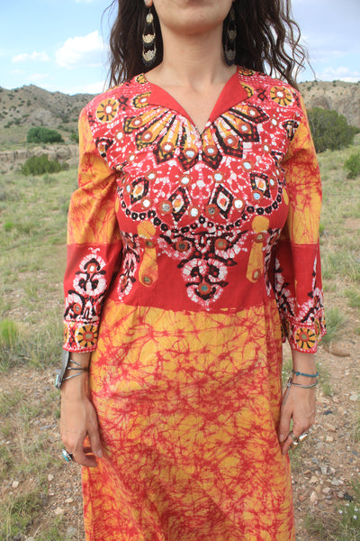 1970s Ramona Rull Batik Maxi Dress with hand embroidered mirrors