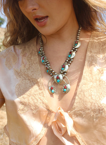 Vintage Petite Navajo Coral and Turquoise Nickel Silver Squash Blossom