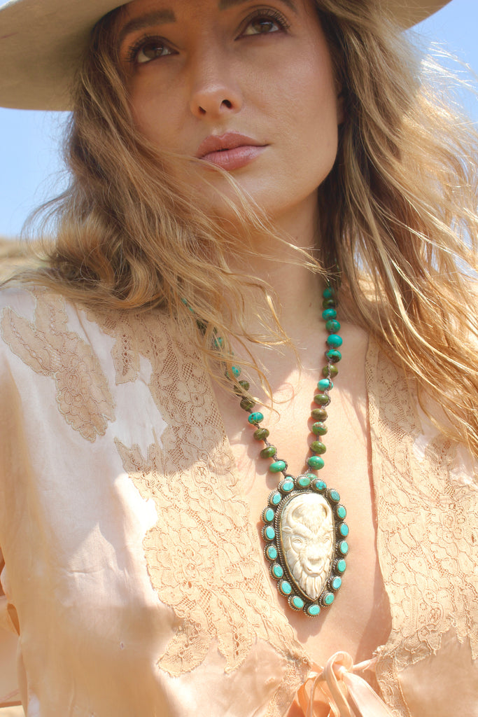 Tibetan Silver, Turquoise and Hand Carved Bone Buffalo Necklace