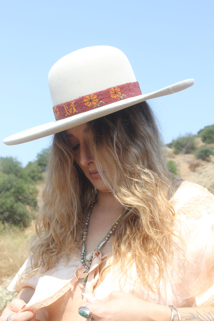“M” Pure Beaver Lone Hawk WIDE Brim with Antique Native American Hand Beaded Bamd