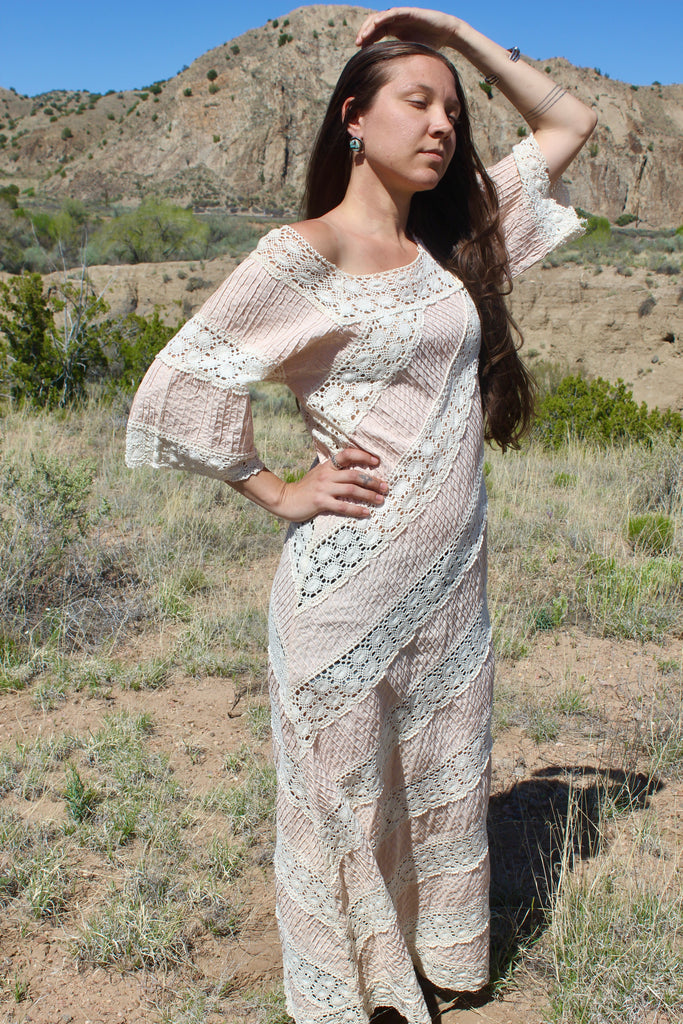 Classic and Romantic Vintage Mexican Crochet Maxi Dress