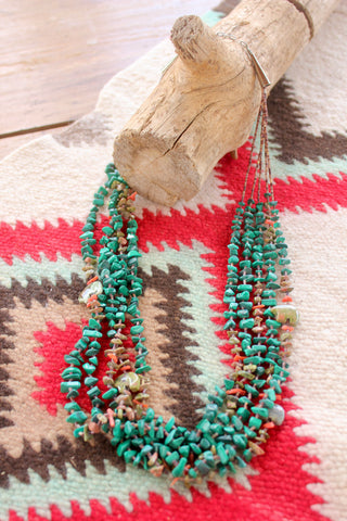 Old Pawn Turquoise and Coral Zuni Five Strand Fetish Necklace