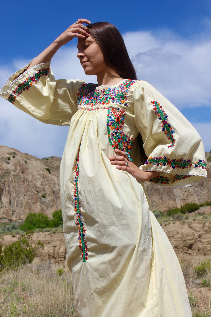 Vintage Romantic Hand Embroidered Oaxacan Long Sleeve Dress