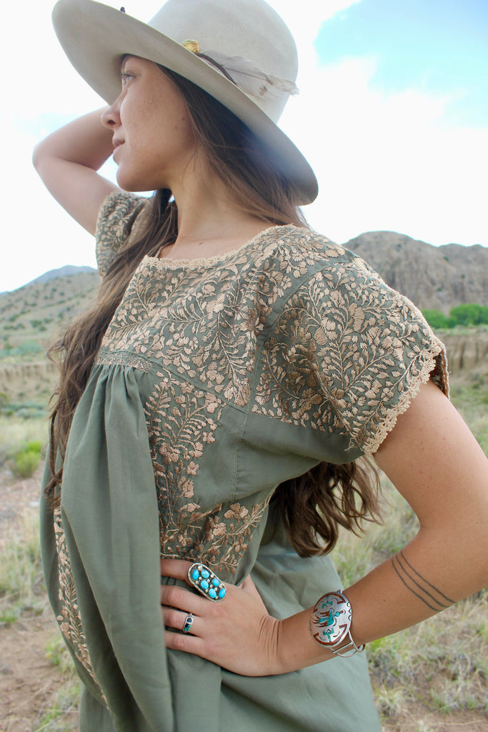Large and Beautiful Sage Color~way Hand Embroidered Oaxacan Maxi Dress
