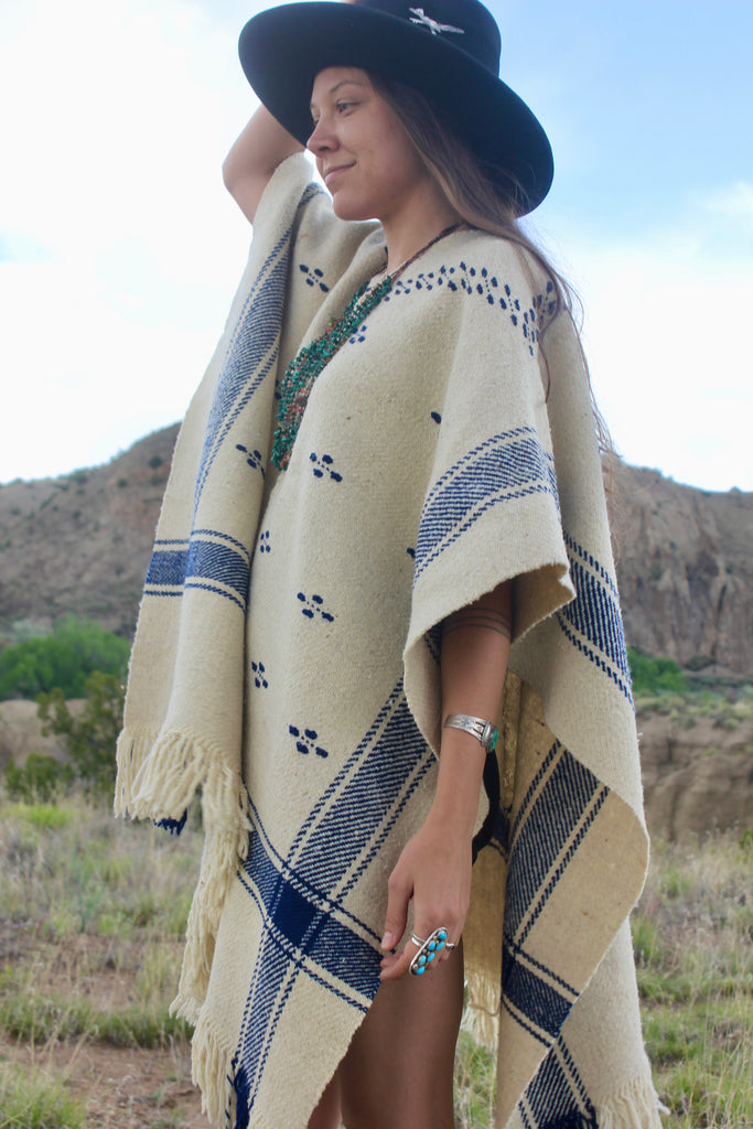 Vintage Handwoven Home Spun Natural Wool Poncho