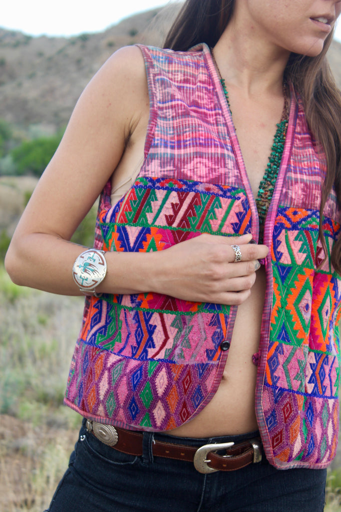 Vintage 1970s Ikat Hand Woven Hand Embroidered Guatemalan Vest
