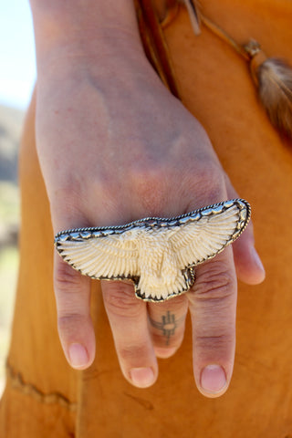 Stunning and HUGE Hand Carved Eagle Ring Tibetan Silver