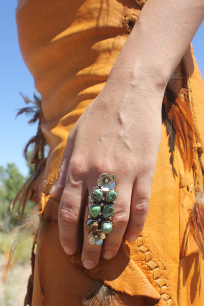 Long Handmade Turquoise and Tibetan Silver Ring – Honeywood