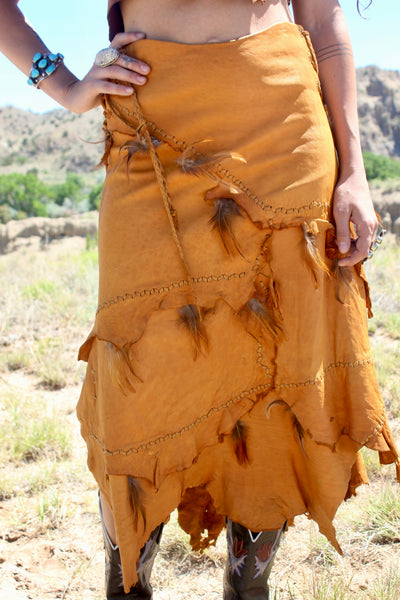 Stunning and Rare 1970s Handmade Deerskin Skirt with Feather Details