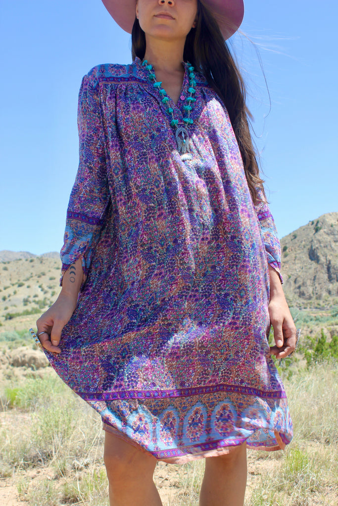 Rare 1970s Gauzy Indian Cotton Dress with Metallic thread