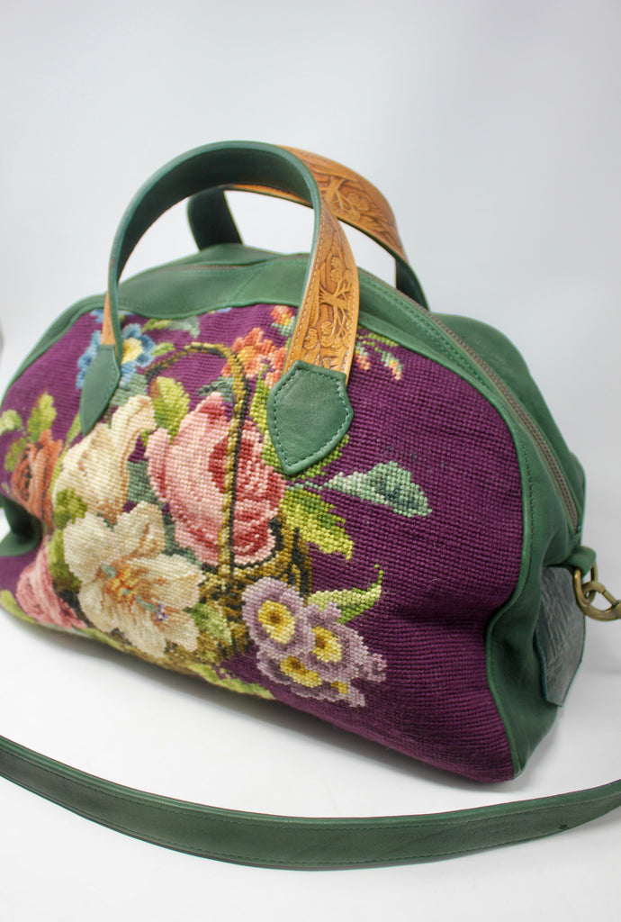 Floral Deluxe Honeywood One of A Kind Overnighter Bag Deerskin and Needlepoint