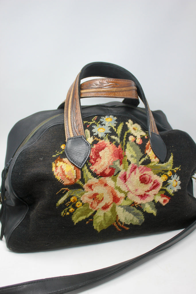 Honeywood Original Overnighter Bag RARE Gorgeous BLACK Antique Needlepoint