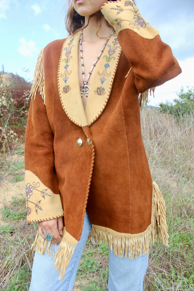 Handmade Deerskin Western Artisan Jacket Hand Drawn Flowers and Fringe