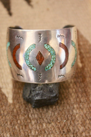 Vintage Navajo Turquoise Coral and Onyx Inlay Sterling Cuff