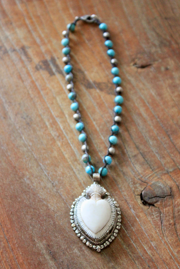 Hand Carved Sacred Heart Turquoise and Tibetan Silver Necklace