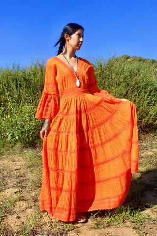 "Tangerine Dream" Festive and Vibrant Vintage Mexican Pintucked Maxi Dress