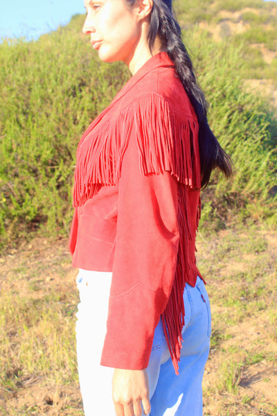 Classic Western Wear Vintage Pioneer Wear Fringe Red Suede