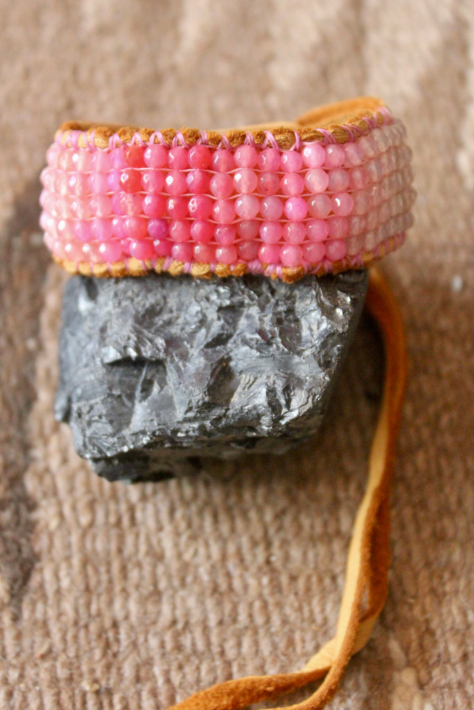 "Elevated Self-Love" Stormie Ombre Hand Beaded Rose Quartz on Deer Skin