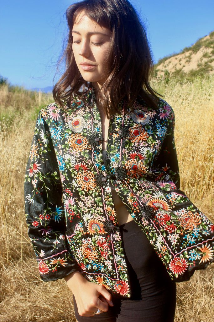 "The Chrysanthemum" RARE 1920s Hand Embroidered Silk Floral Jacket Robe
