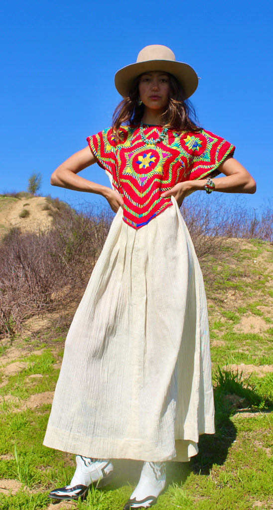 1970s One of A Kind Hand Embroidered San Mateo Huipil Dress