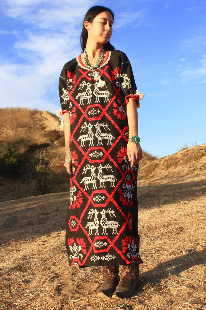 Hand Embroidered Huichol Sacred Deer Vintage Dress