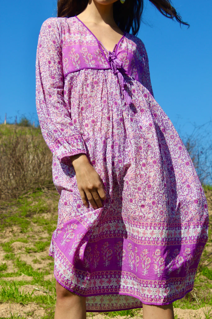 Vintage Gauzy Lilac Indian Block Print Dress
