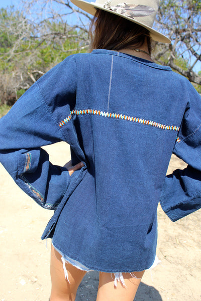 Hand Embroidered Guatemalan Indigo Folk Shirt