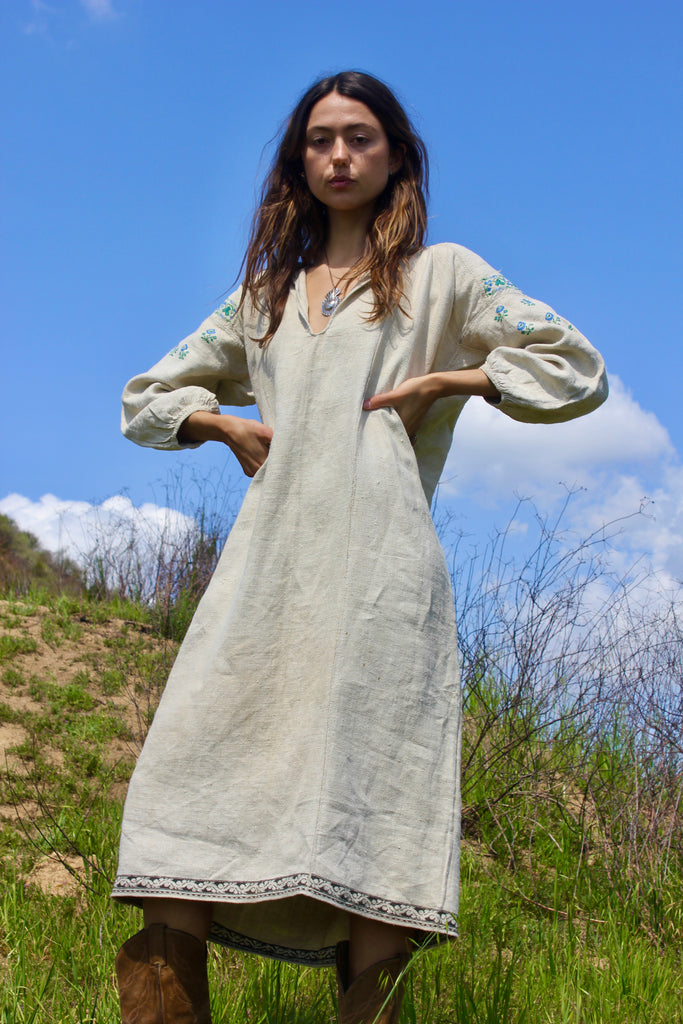 Early Century Eastern European Hemp Hand Embroidered Dress