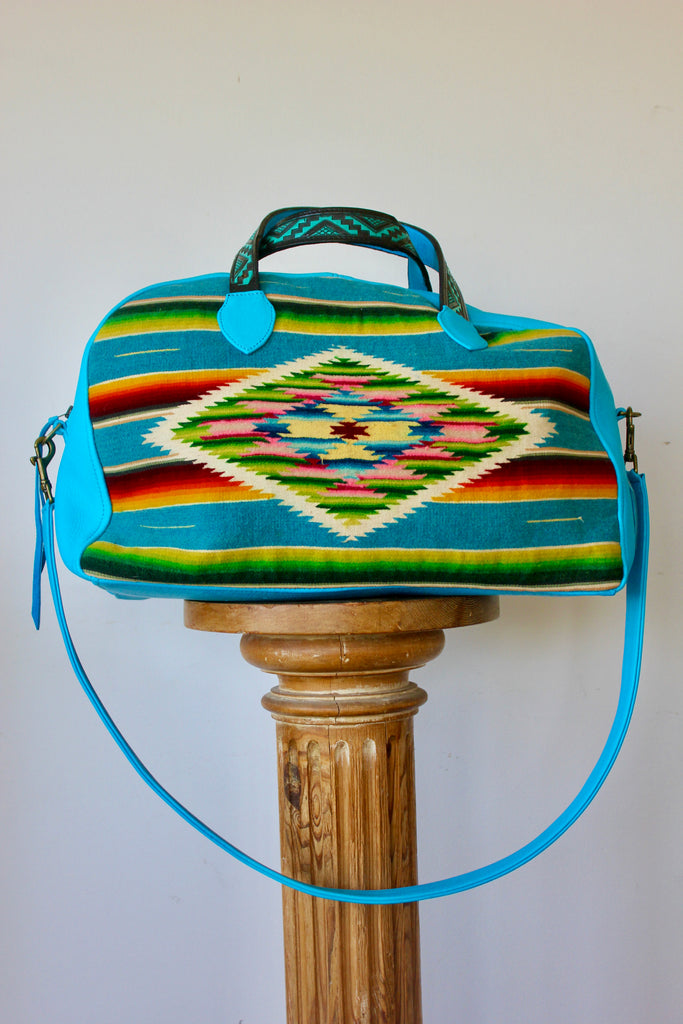 1930s Mexican Saltillo Textile Handmade Honeywood Overnighter Bag