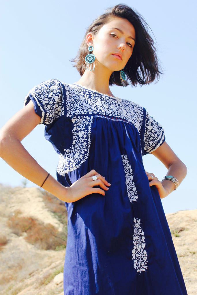 1970s Classic Navy and White Hand Embroidered Oaxacan Maxi Dress
