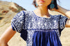 1970s Classic Navy and White Hand Embroidered Oaxacan Maxi Dress