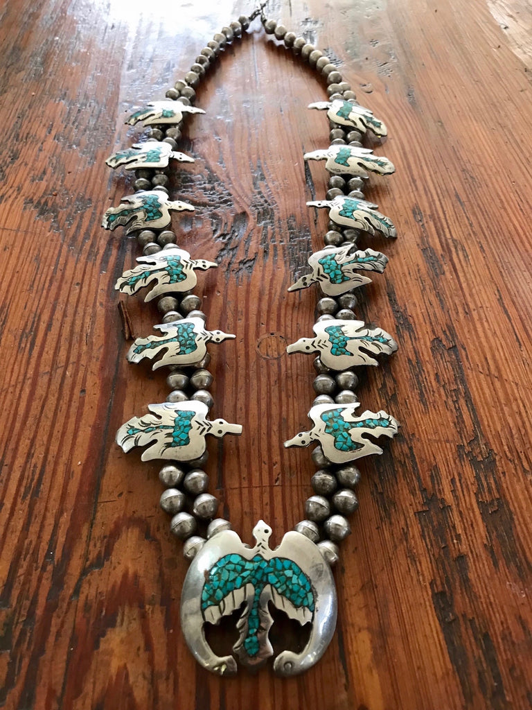 ntique Navajo Sterling "Peyote Bird" Squash Blossom