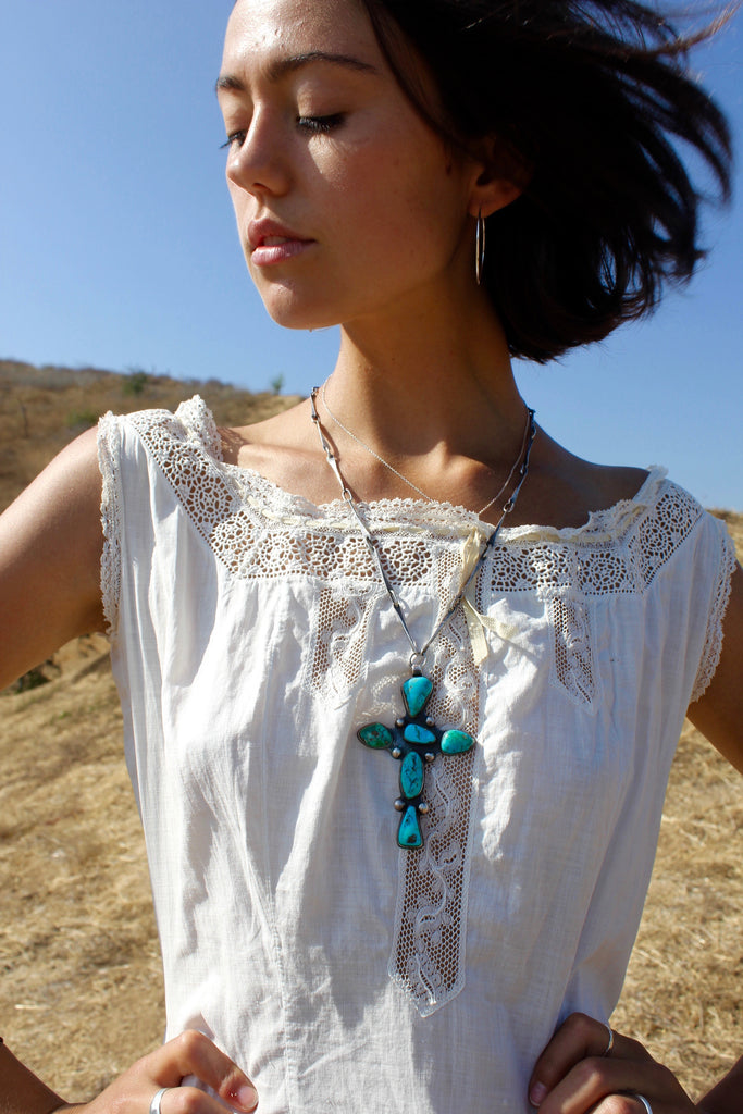 Old Pawn Large Handmade Native American Navajo Sterling and Turquoise Cross