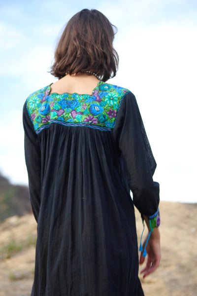 fit and flare wedding dress with sleeves Mexican Artisanal Embroidered Dress Black with flowers main image 1