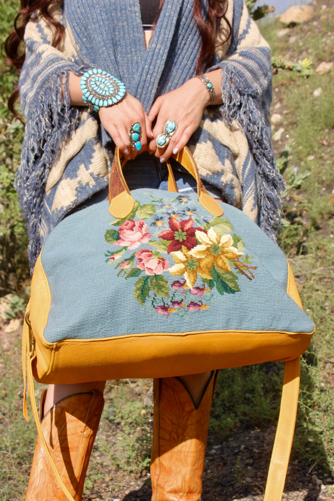 Honeywood Original Deerskin Antique Needlepoint Overnighter Bag