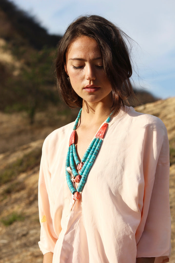 Old Pawn Santo Domingo Kingman Turquoise and Spiny Oyster Necklace From The Calamity Pass Collection