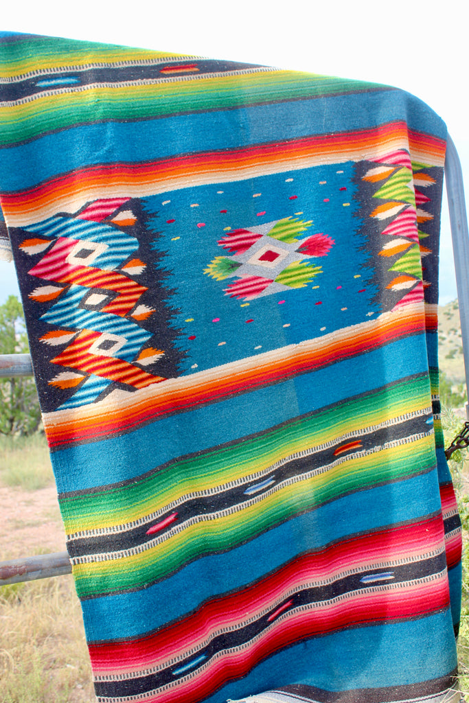 Dazzling and Vibrant  Vintage Hand Woven Mexican Blanket 1940s