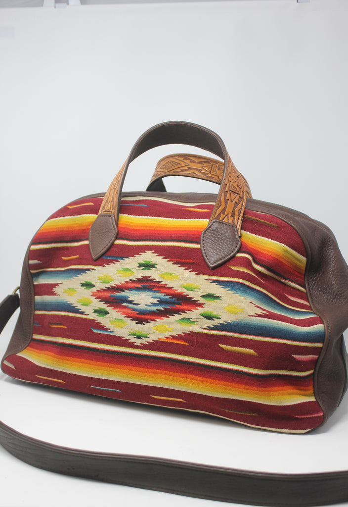 Honeywood Original Antique Mexican Saltillo and Deerskin Overnighter Bag One Of A Kind