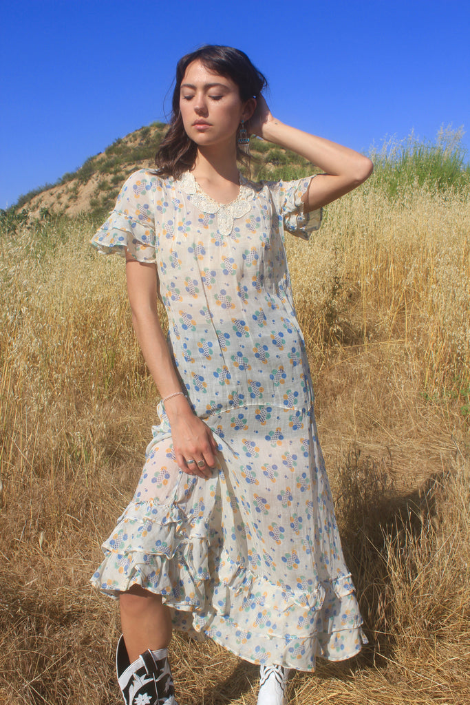 "A Day in the Sun" 1920s Art Deco Cotton Voile Dress with Crochet Depression Era