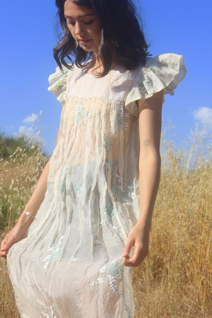 1920s Organza Flutter Sleeve Embroidered Dress
