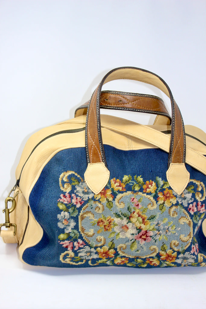Honeywood Original One of a Kind Delicious Antique French Needlepoint and Deerskin Bag