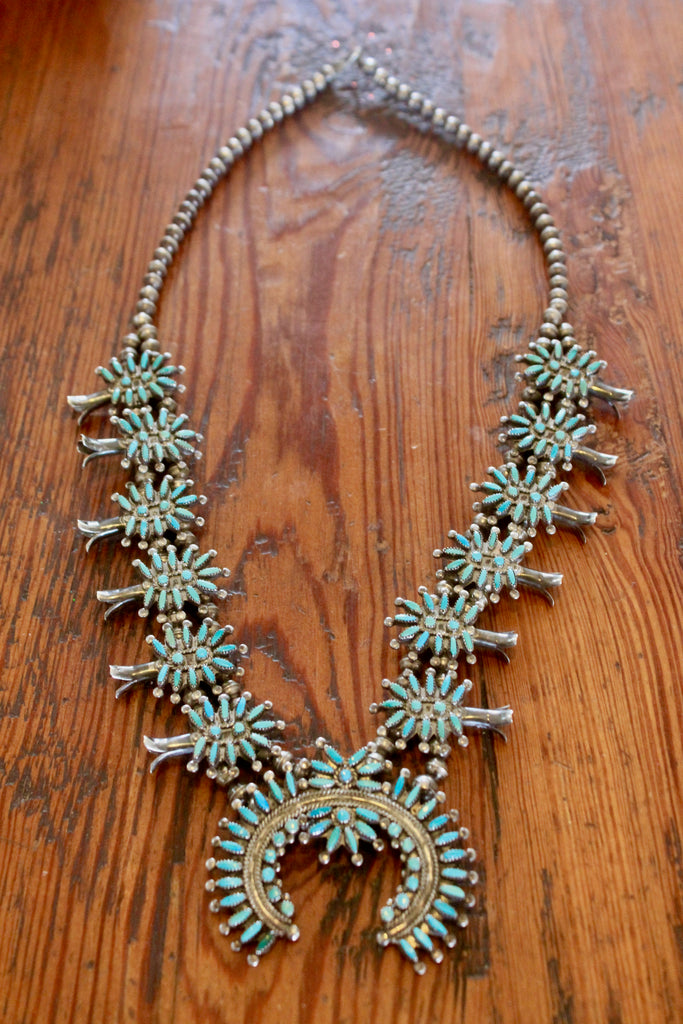 "Ed Niiha" Old Pawn Sterling and Turquoise Zuni  Squash Blossom