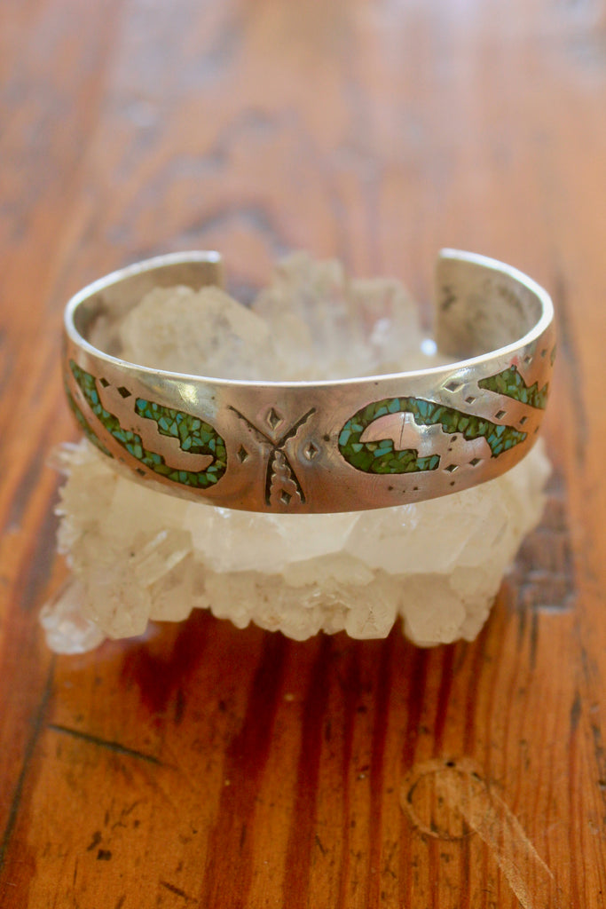 SIgned Navajo Turquoise Inlay Sterling Bracelet