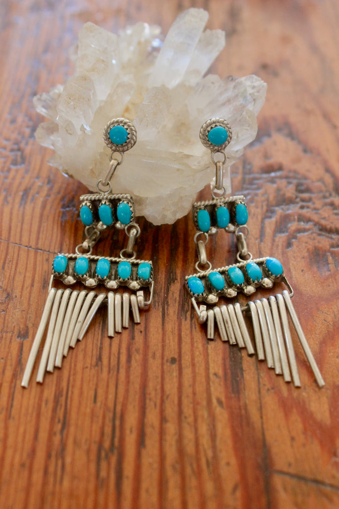 Long Vintage Zuni Sterling Dangle Earrling