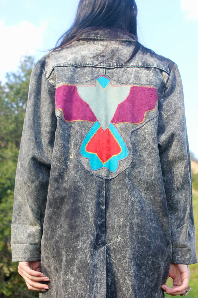 RARE Vintage Vistas de Santa Fe by Pioneer Wear Suede Appliqué Hawk Denim Duster