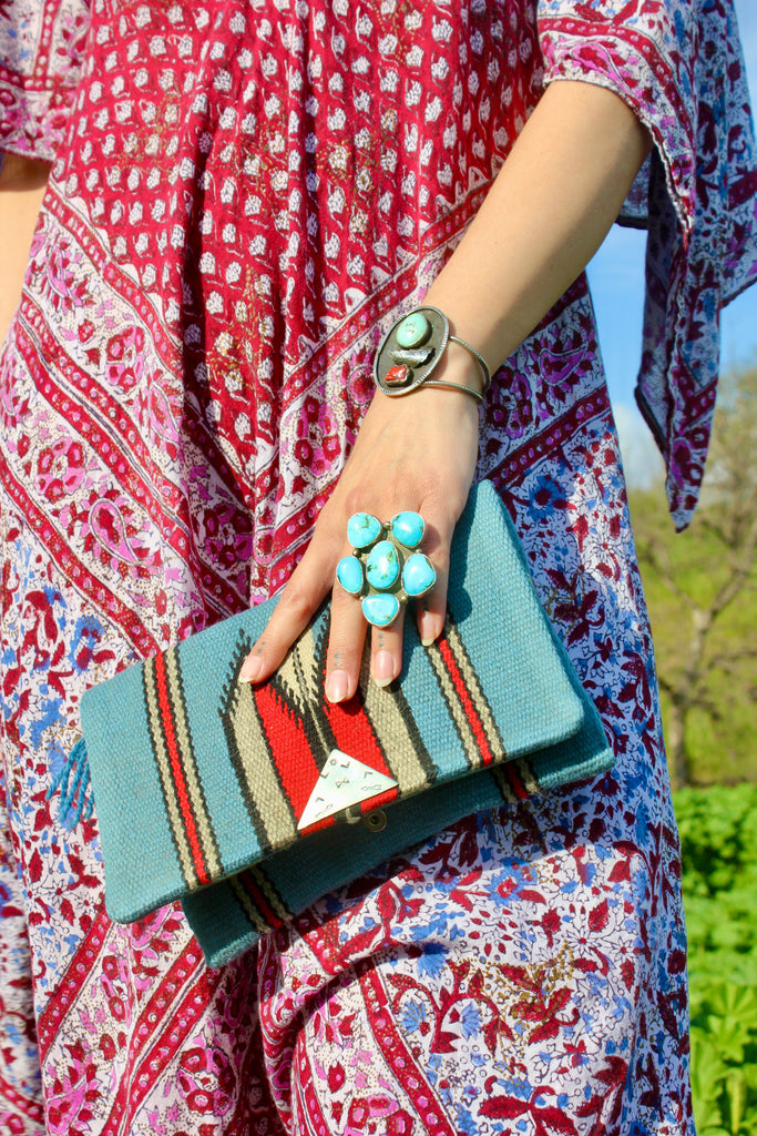 Reserved Rare 1930s Dusty Blue Handwoven Chimayo Clutch