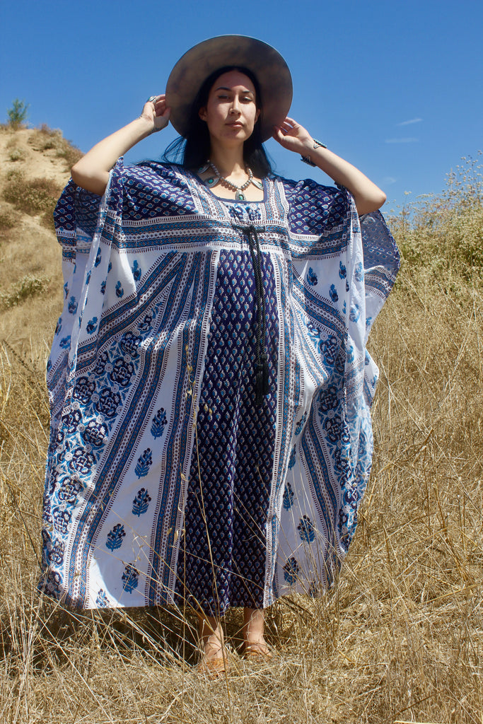 The Ultimate 1970s Goddess Dress Cotton Block Print Caftan part II Deadstock