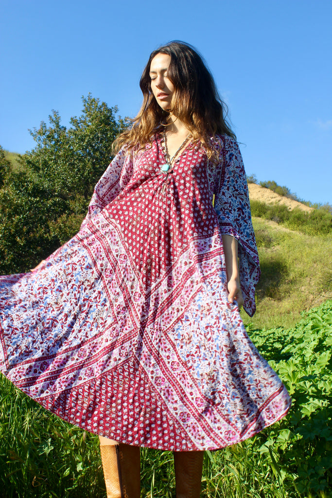 "Bordeaux" Vintage 1970s Adini style Indian Block Print Gauze Dress